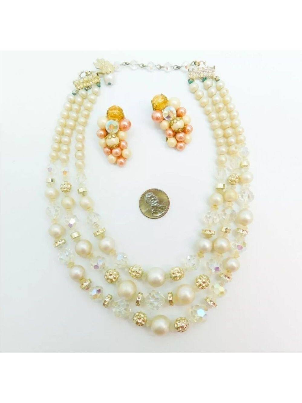 Vendome & Fash Faux Pearl & Aurora Borealis Clip Earrings & Necklace 104.9g